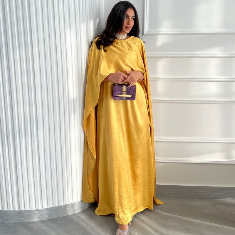 Elegant Royal Satin Abaya Dress | Modest Cape Sleeve Maxi Robe with Luxurious Draping(MA289)