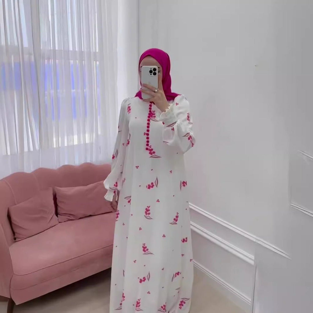Elegant Ruffle Sleeve Romantic Pink Floral Maxi Dress Modest Gown Abaya (MA227)