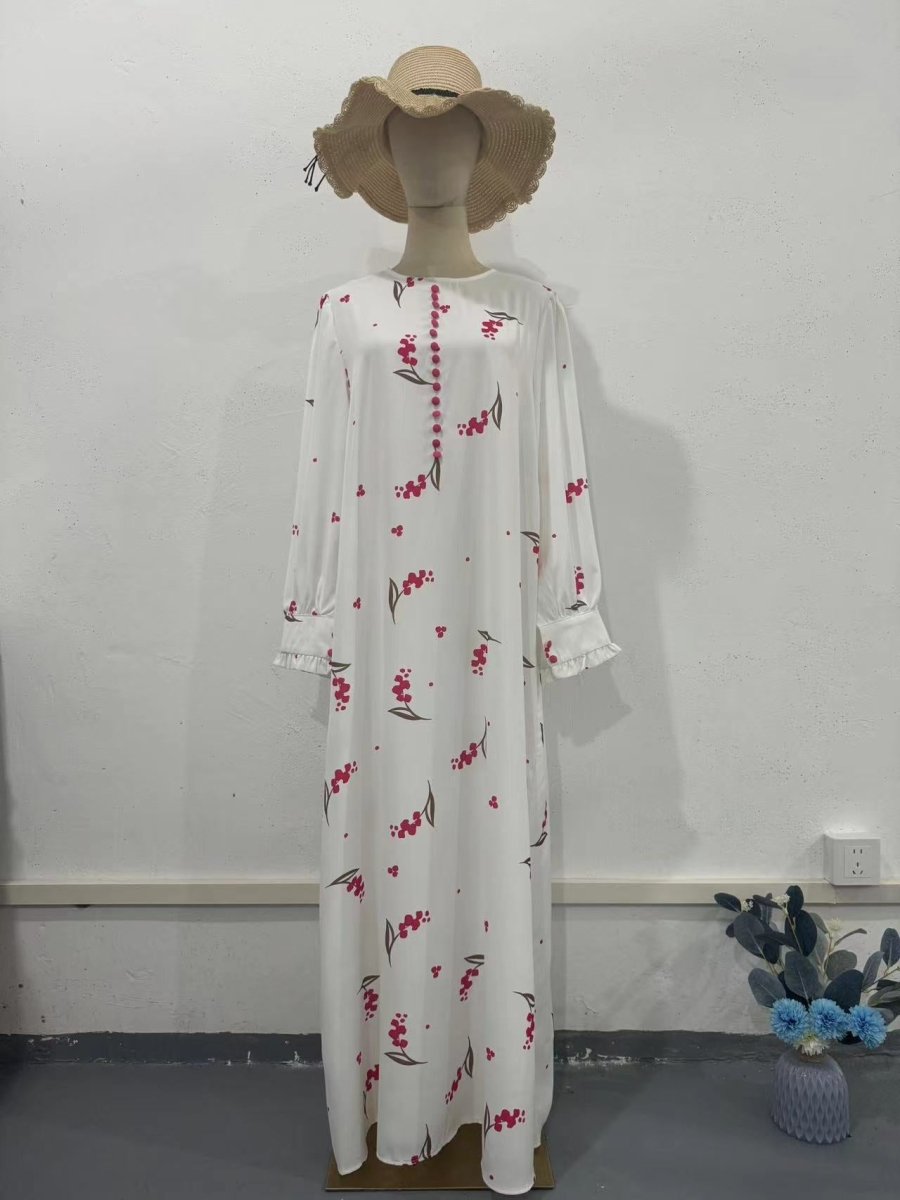 Elegant Ruffle Sleeve Romantic Pink Floral Maxi Dress Modest Gown Abaya (MA227)