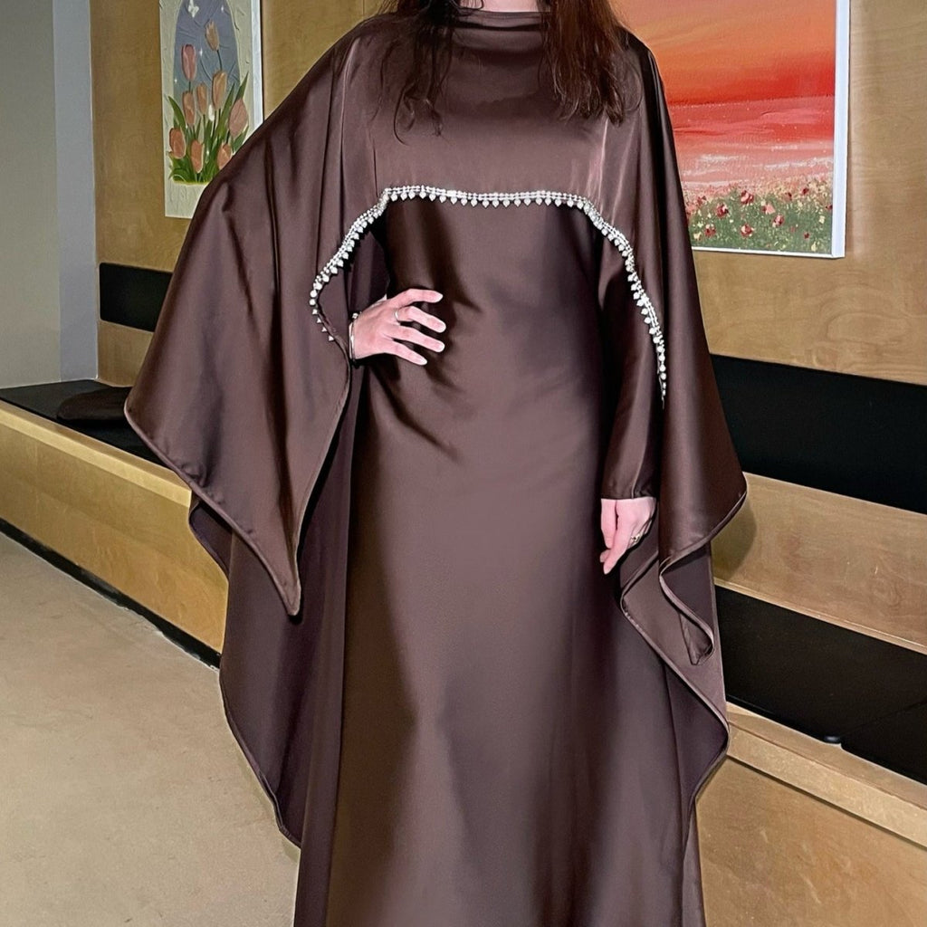 Elegant Satin Abaya with Rhinestone Cape | Luxurious Modest Evening Dress (MA327)