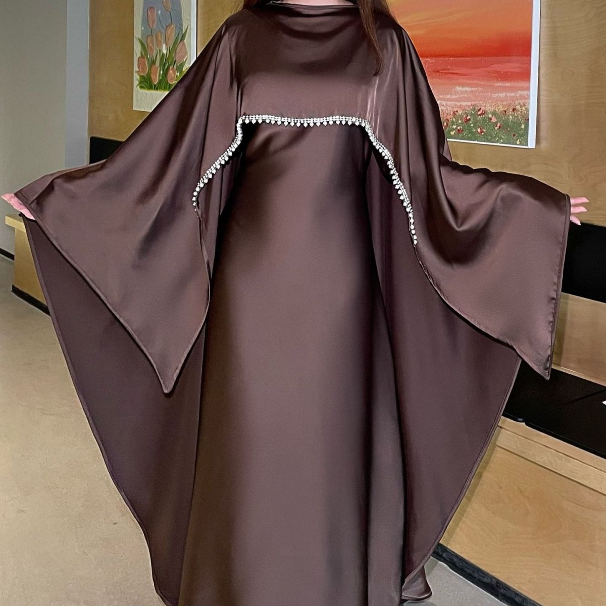 Elegant Satin Abaya with Rhinestone Cape | Luxurious Modest Evening Dress (MA327)