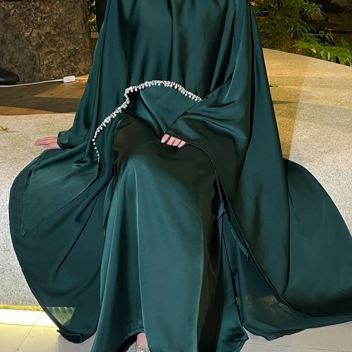 Elegant Satin Abaya with Rhinestone Cape | Luxurious Modest Evening Dress (MA327)