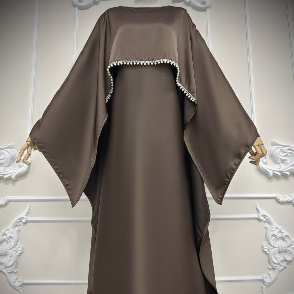 Elegant Satin Abaya with Rhinestone Cape | Luxurious Modest Evening Dress (MA327)