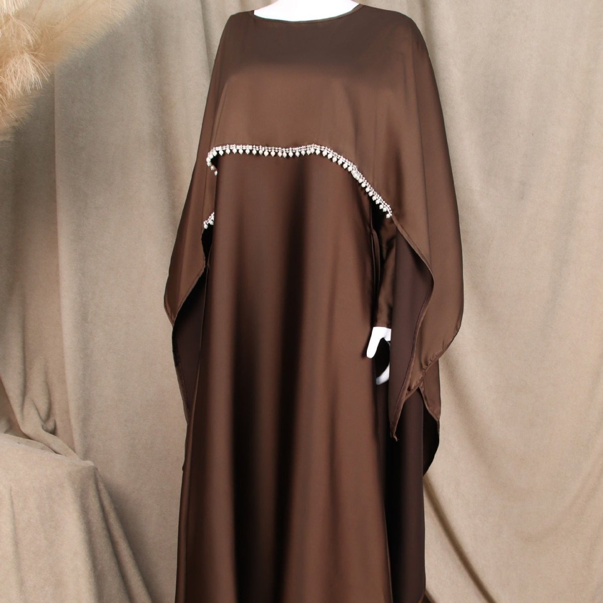 Elegant Satin Abaya with Rhinestone Cape | Luxurious Modest Evening Dress (MA327)