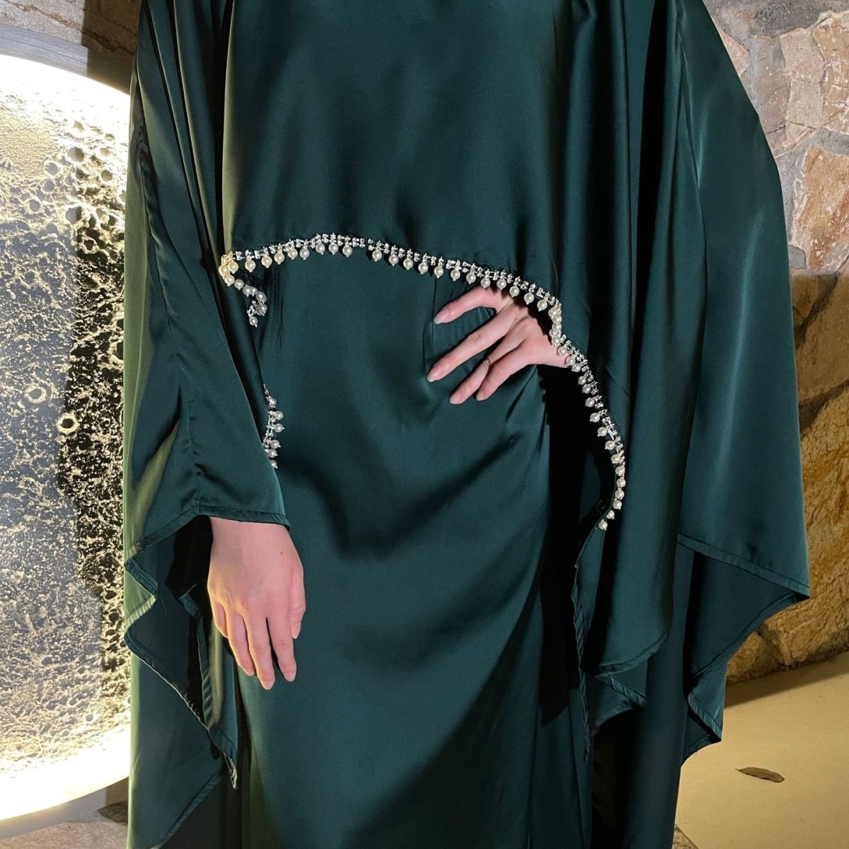 Elegant Satin Abaya with Rhinestone Cape | Luxurious Modest Evening Dress (MA327)