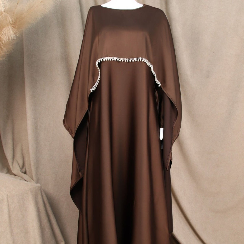 Elegant Satin Abaya with Rhinestone Cape | Luxurious Modest Evening Dress (MA327)