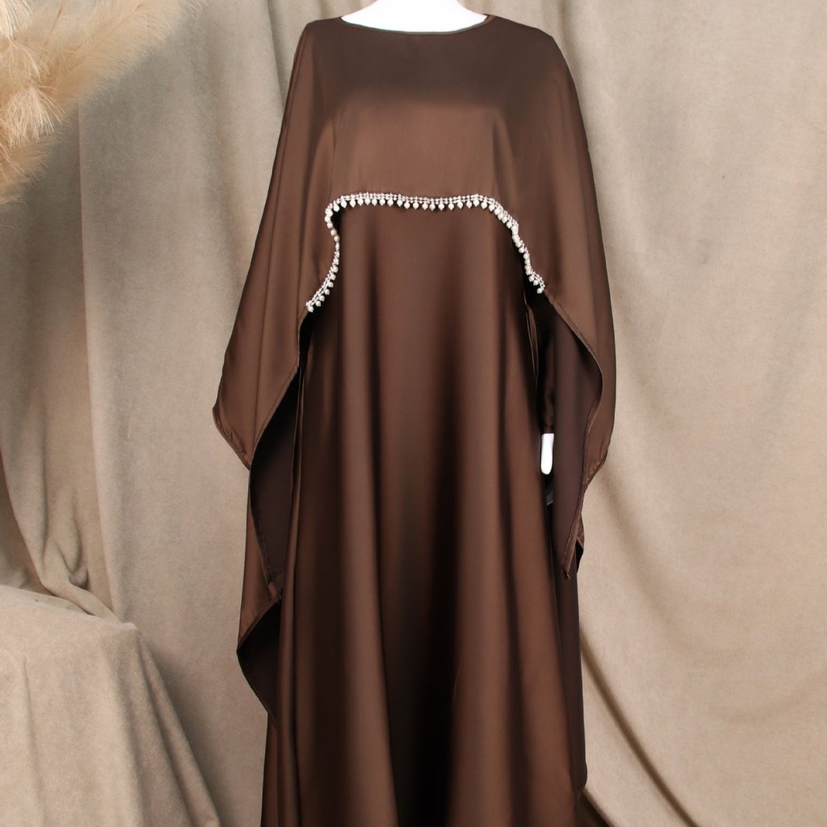 Elegant Satin Abaya with Rhinestone Cape | Luxurious Modest Evening Dress (MA327)