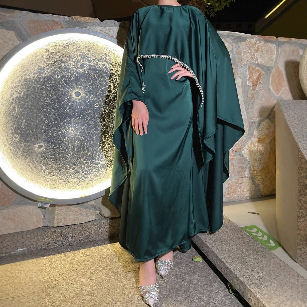 Elegant Satin Abaya with Rhinestone Cape | Luxurious Modest Evening Dress (MA327)