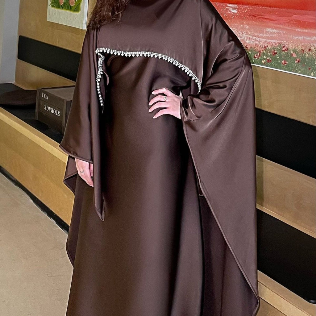Elegant Satin Abaya with Rhinestone Cape | Luxurious Modest Evening Dress (MA327)