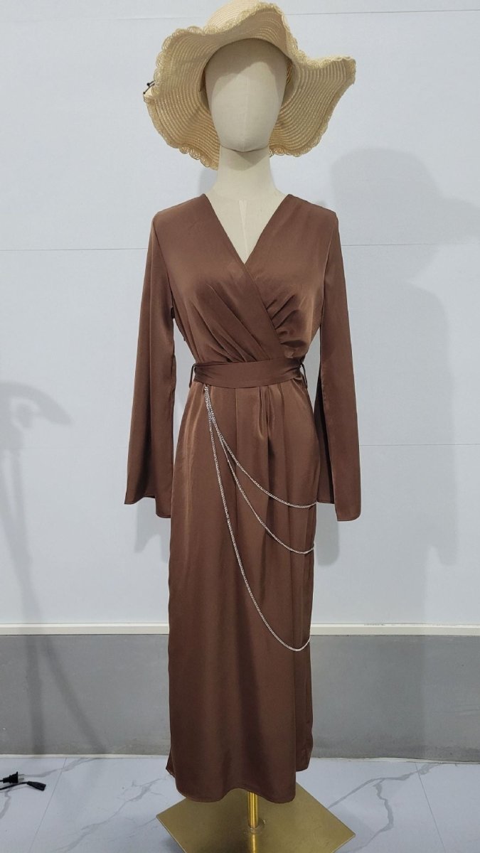 Elegant Satin Maxi Dress Abaya with Waist Chains V-Neck Long Sleeve Solid Color Dresses(MA204)
