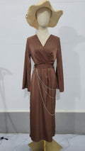 Elegant Satin Maxi Dress Abaya with Waist Chains V-Neck Long Sleeve Solid Color Dresses(MA204)