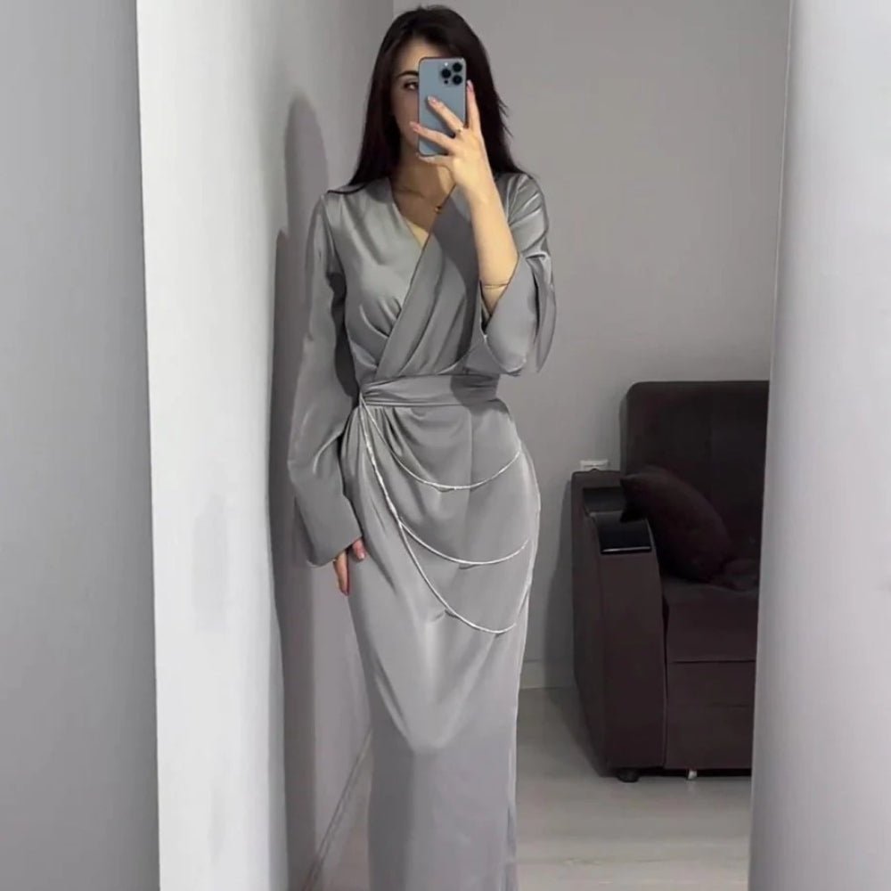 Elegant Satin Maxi Dress Abaya with Waist Chains V-Neck Long Sleeve Solid Color Dresses(MA204)