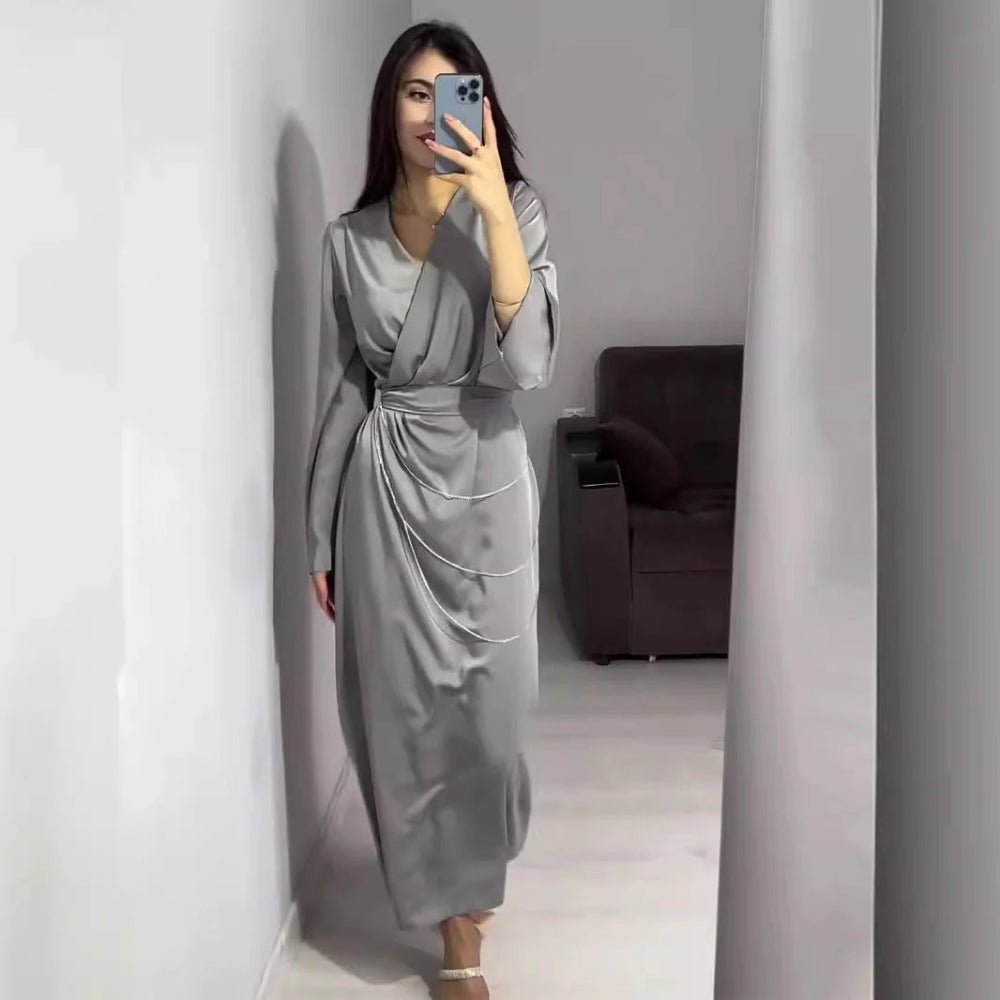 Elegant Satin Maxi Dress Abaya with Waist Chains V-Neck Long Sleeve Solid Color Dresses(MA204)
