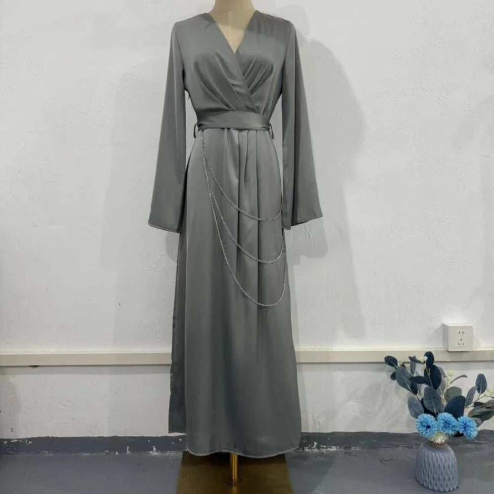 Elegant Satin Maxi Dress Abaya with Waist Chains V-Neck Long Sleeve Solid Color Dresses(MA204)