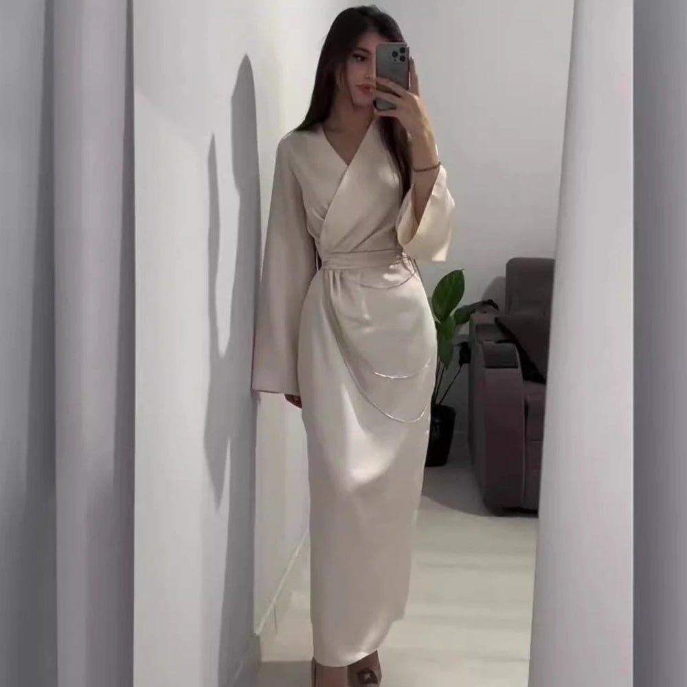Elegant Satin Maxi Dress Abaya with Waist Chains V-Neck Long Sleeve Solid Color Dresses(MA204)