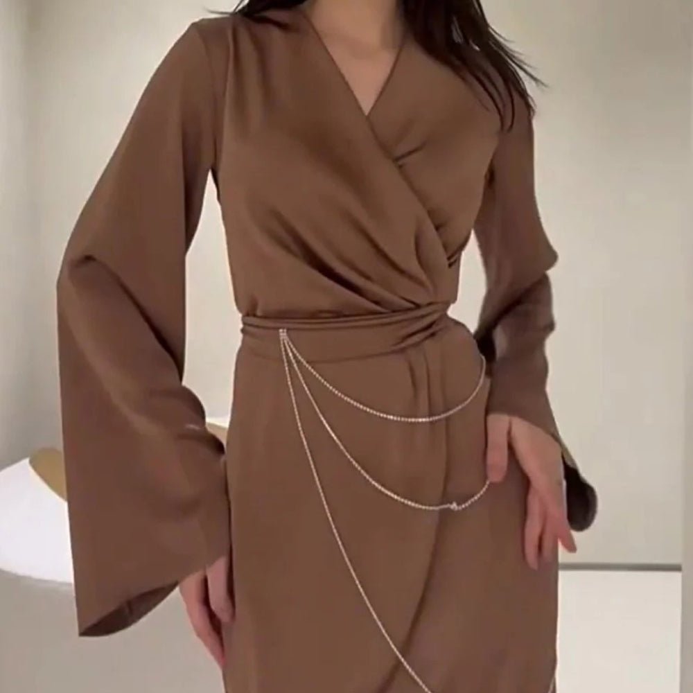 Elegant Satin Maxi Dress Abaya with Waist Chains V-Neck Long Sleeve Solid Color Dresses(MA204)