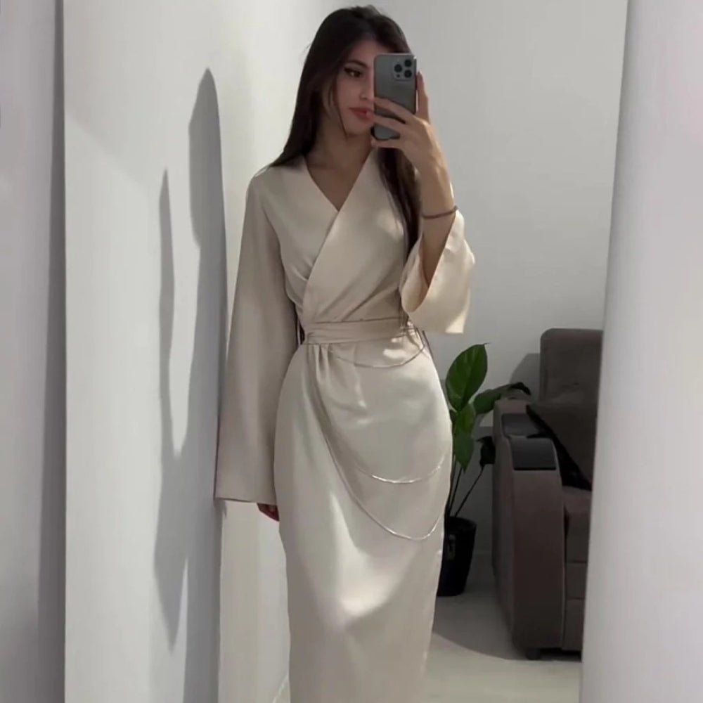 Elegant Satin Maxi Dress Abaya with Waist Chains V-Neck Long Sleeve Solid Color Dresses(MA204)