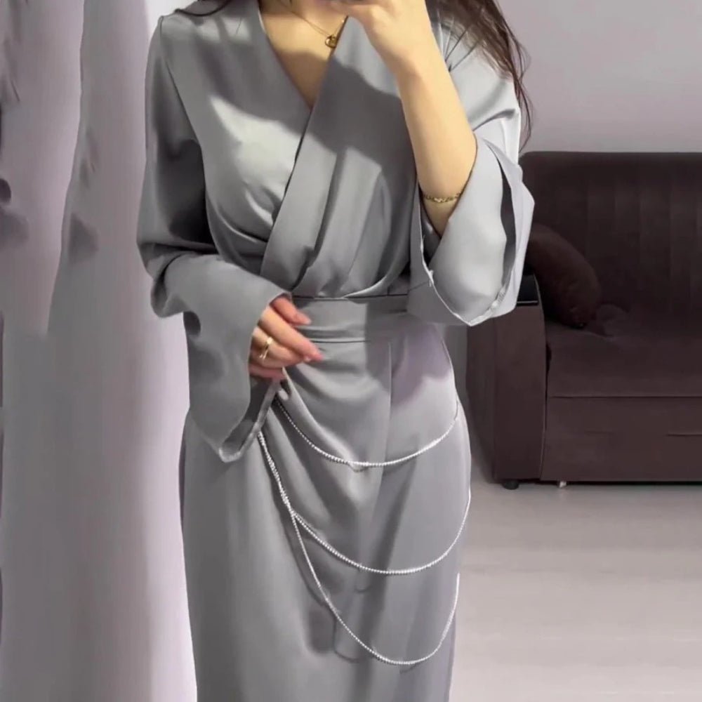 Elegant Satin Maxi Dress Abaya with Waist Chains V-Neck Long Sleeve Solid Color Dresses(MA204)