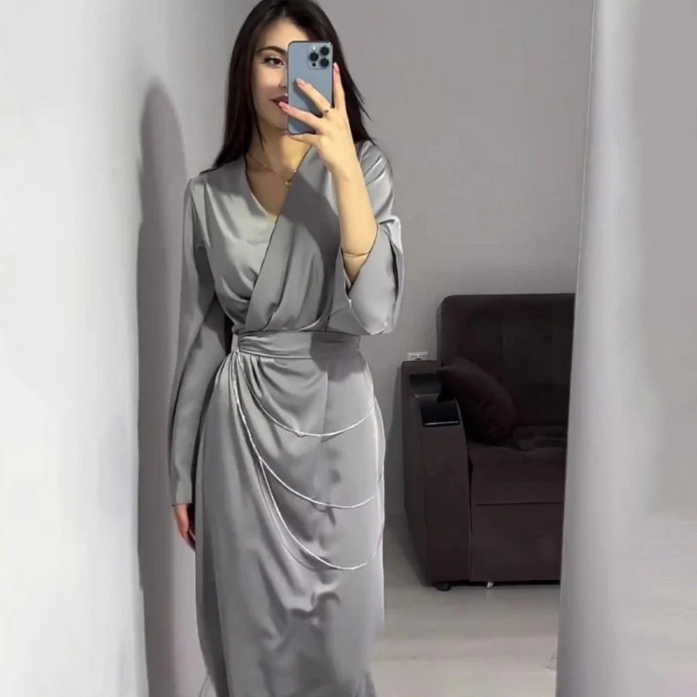 Elegant Satin Maxi Dress Abaya with Waist Chains V-Neck Long Sleeve Solid Color Dresses(MA204)