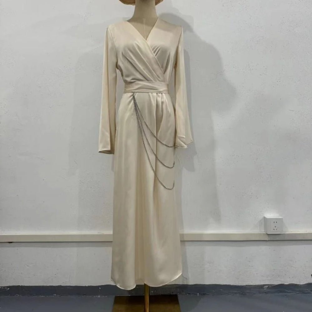 Elegant Satin Maxi Dress Abaya with Waist Chains V-Neck Long Sleeve Solid Color Dresses(MA204)