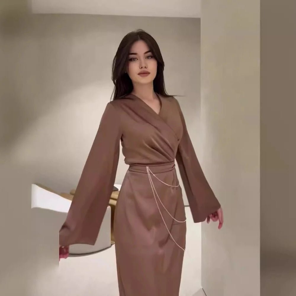 Elegant Satin Maxi Dress Abaya with Waist Chains V-Neck Long Sleeve Solid Color Dresses(MA204)