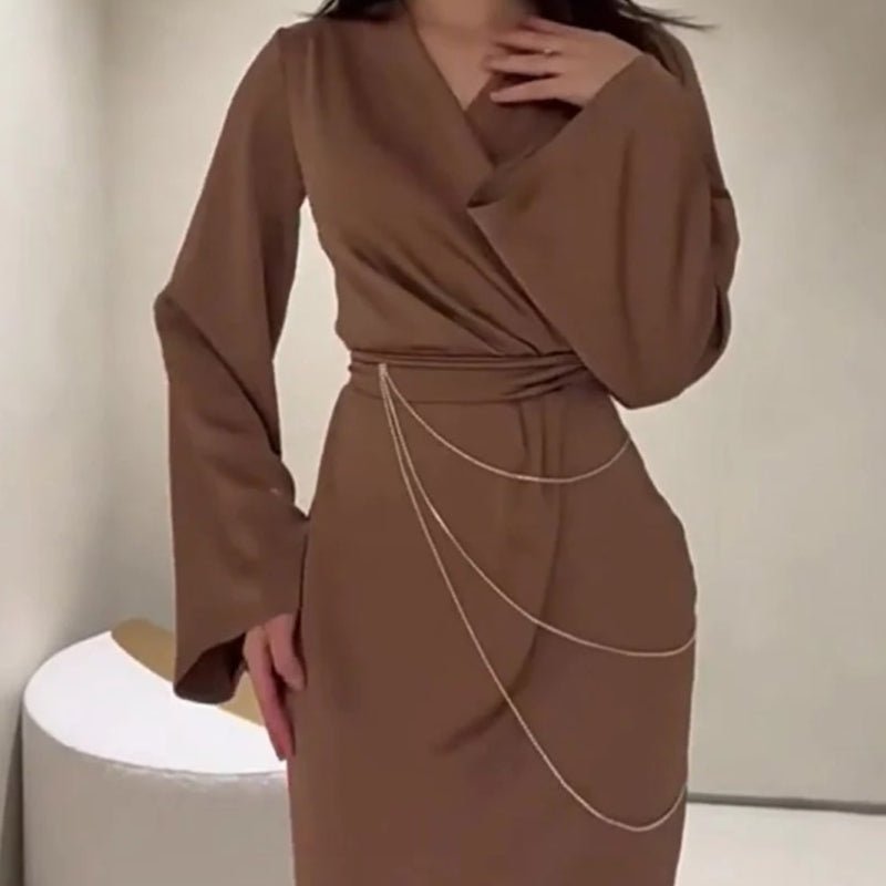 Elegant Satin Maxi Dress Abaya with Waist Chains V-Neck Long Sleeve Solid Color Dresses(MA204)