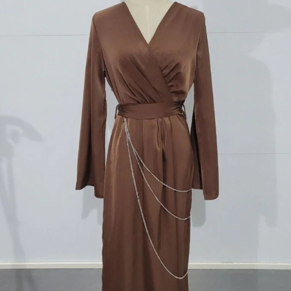 Elegant Satin Maxi Dress Abaya with Waist Chains V-Neck Long Sleeve Solid Color Dresses(MA204)