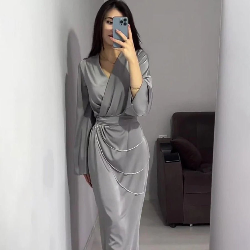 Elegant Satin Maxi Dress Abaya with Waist Chains V-Neck Long Sleeve Solid Color Dresses(MA204)