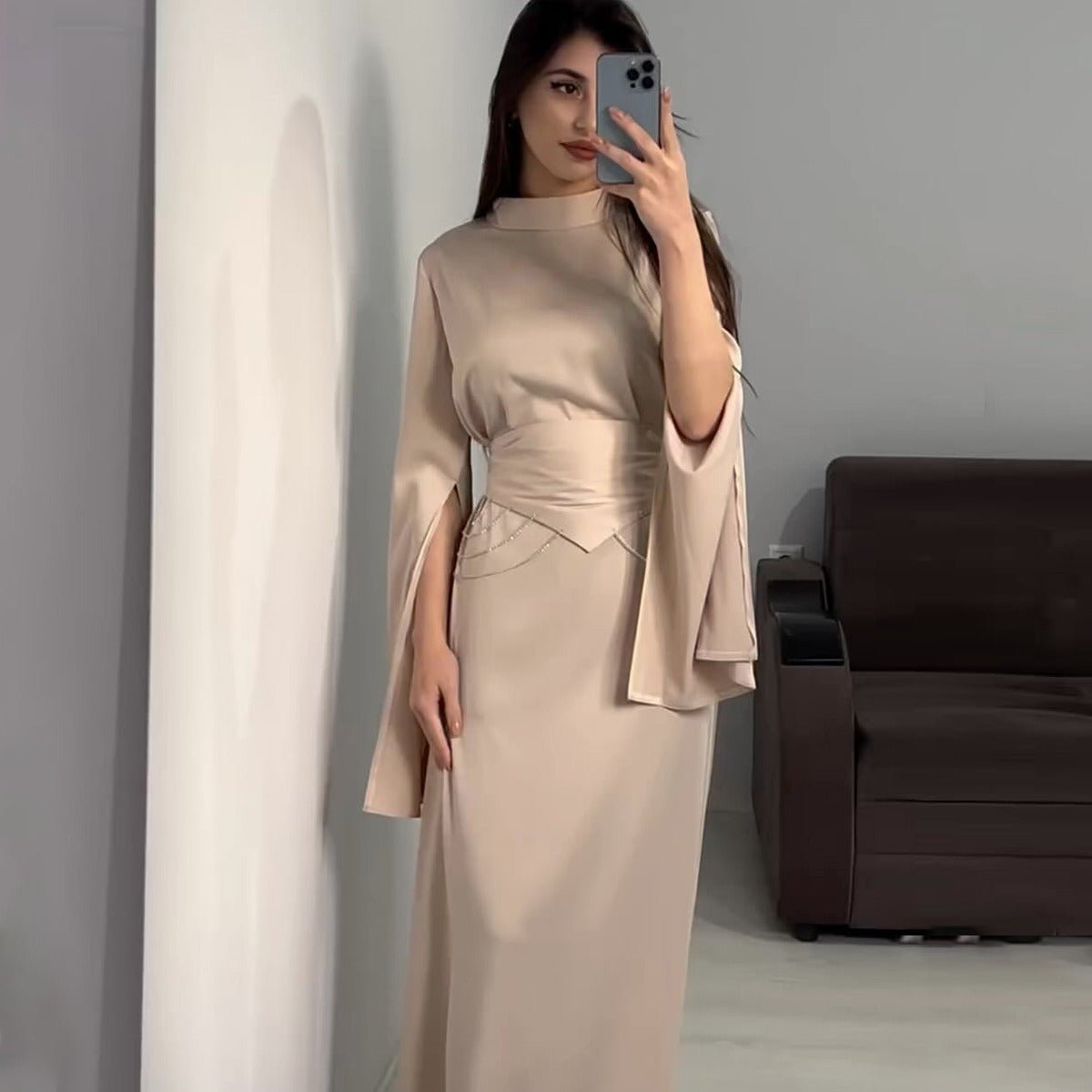 Elegant Semi-Turtleneck Long Sleeve Spring Court-Style Satin Dress Abaya(MA194)