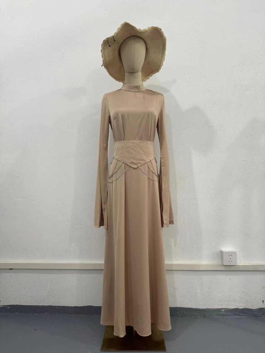 Elegant Semi-Turtleneck Long Sleeve Spring Court-Style Satin Dress Abaya(MA194)