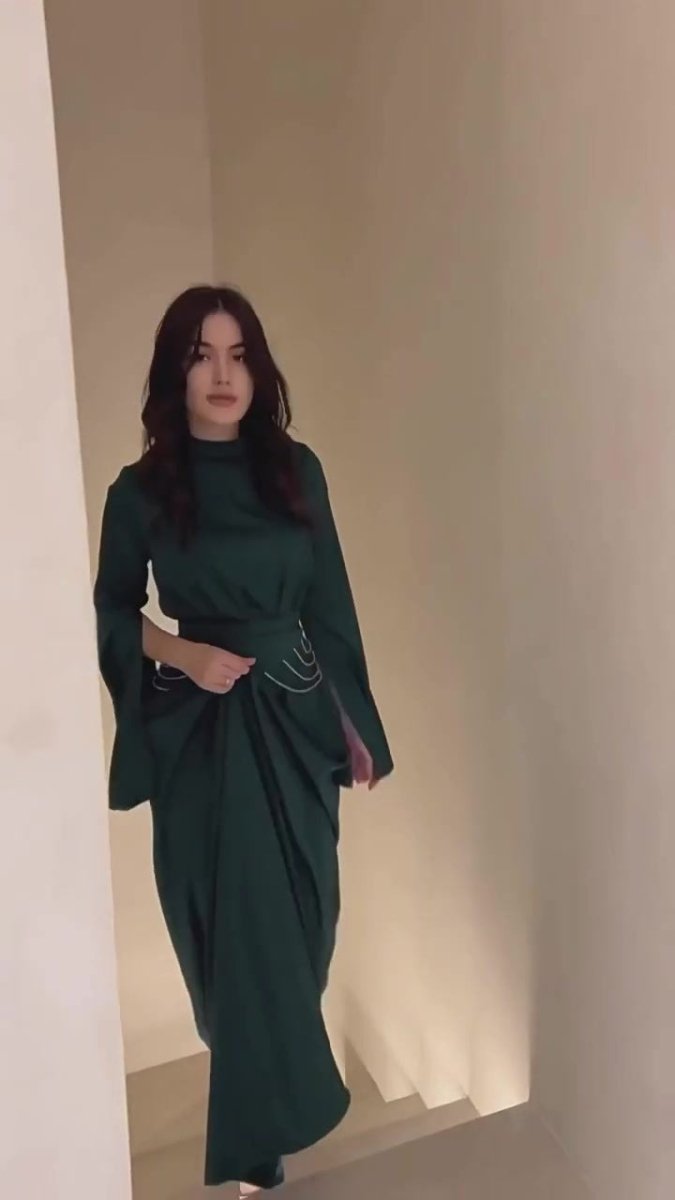 Elegant Semi-Turtleneck Long Sleeve Spring Court-Style Satin Dress Abaya(MA194)