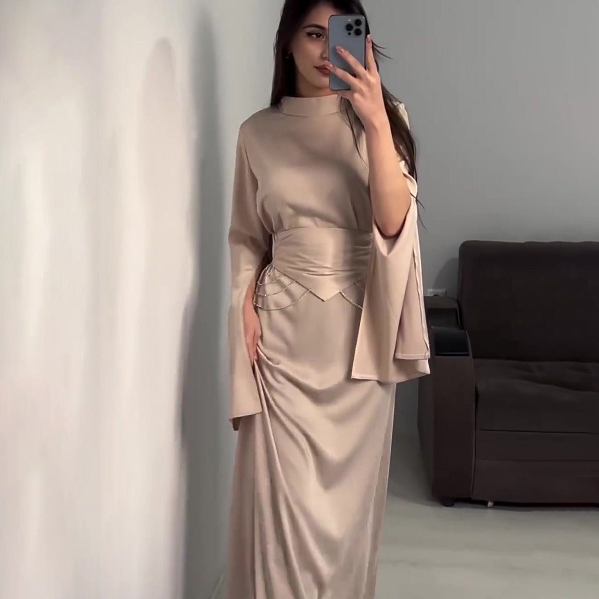 Elegant Semi-Turtleneck Long Sleeve Spring Court-Style Satin Dress Abaya(MA194)