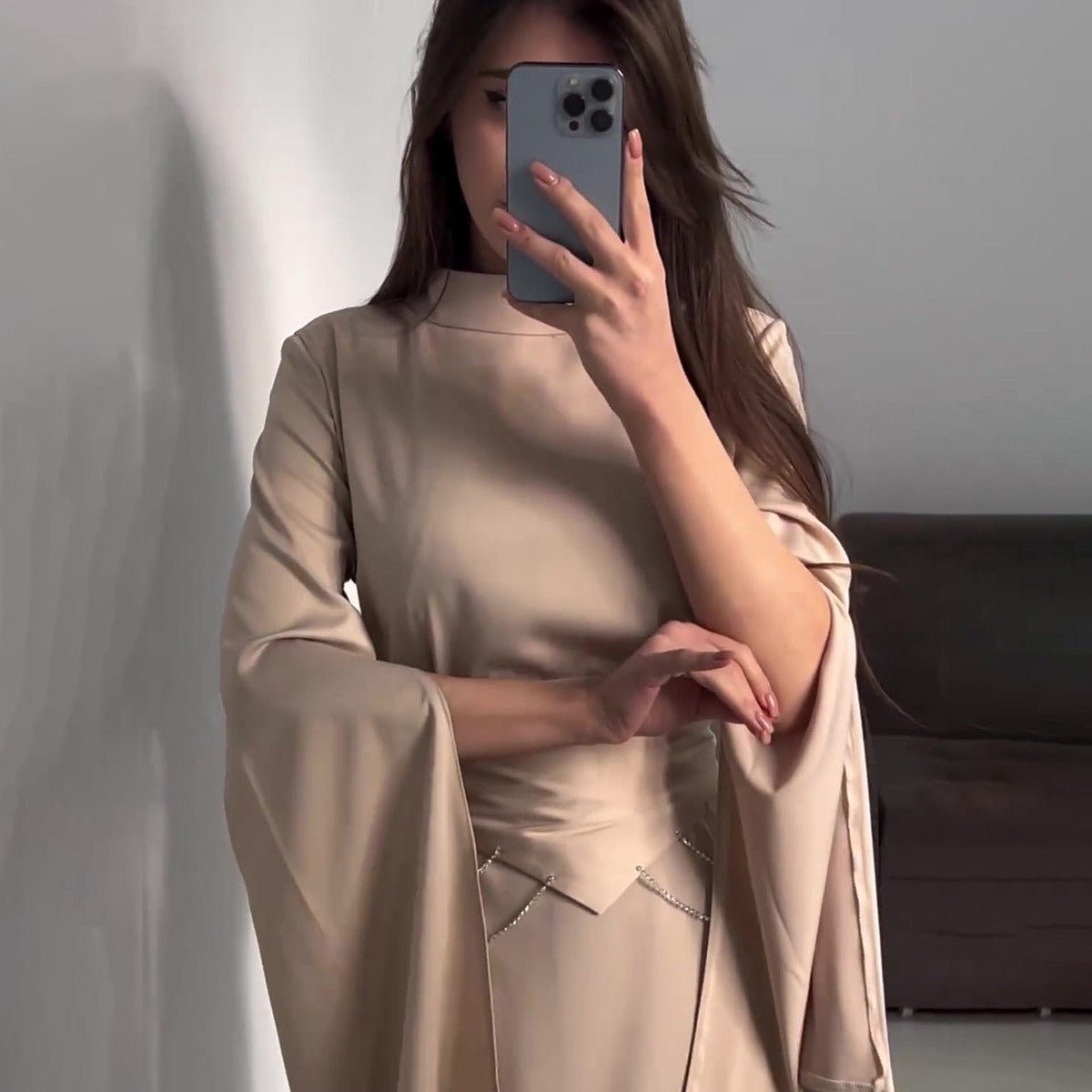 Elegant Semi-Turtleneck Long Sleeve Spring Court-Style Satin Dress Abaya(MA194)