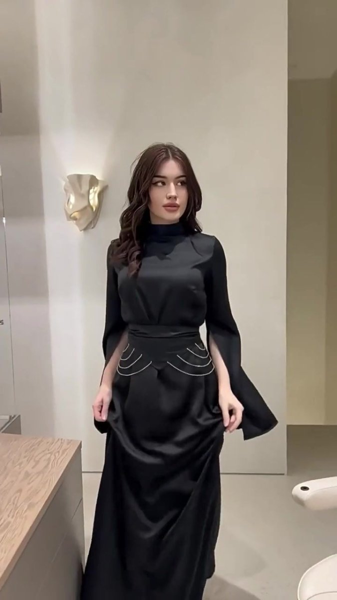 Elegant Semi-Turtleneck Long Sleeve Spring Court-Style Satin Dress Abaya(MA194)