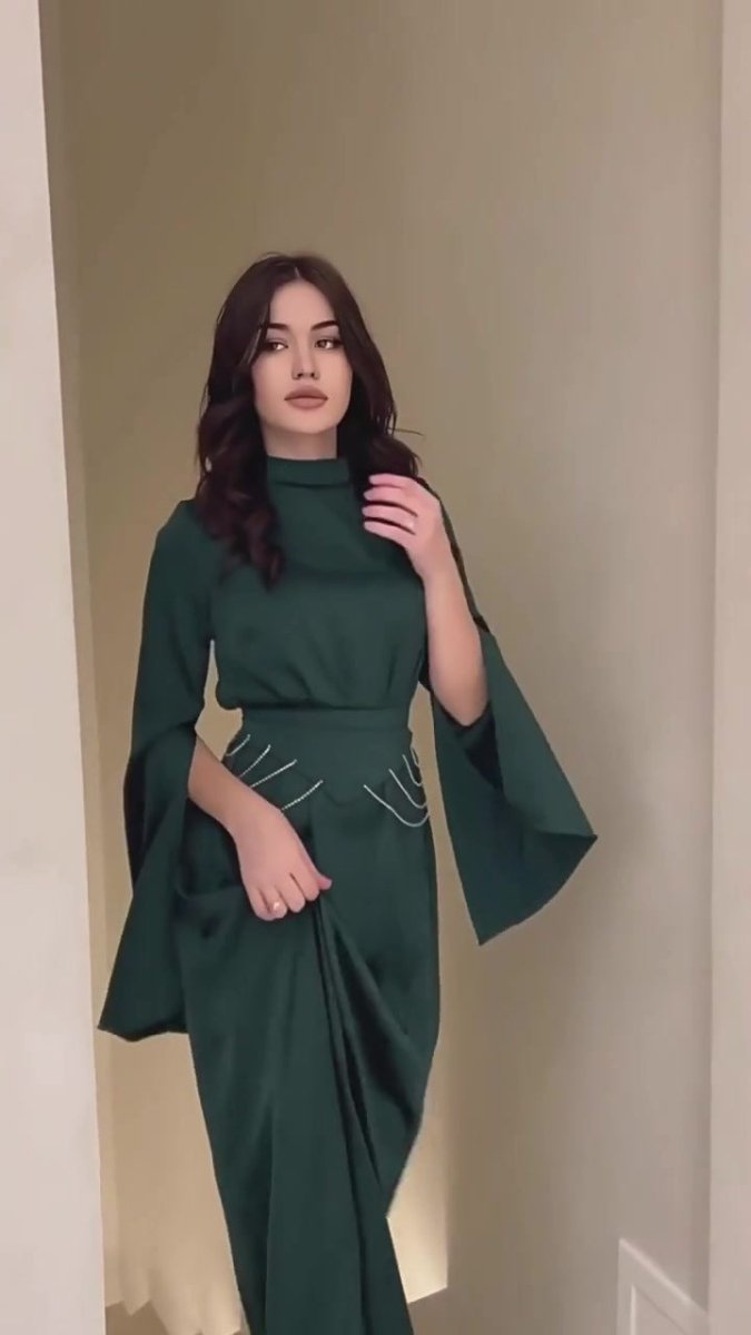 Elegant Semi-Turtleneck Long Sleeve Spring Court-Style Satin Dress Abaya(MA194)