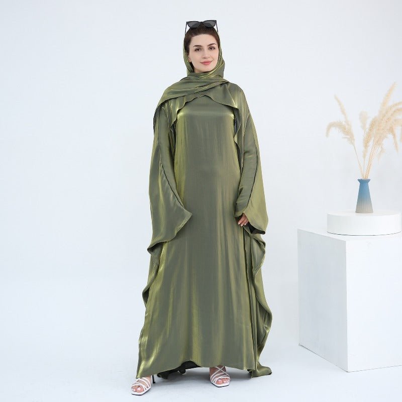 Elegant Shimmer Batwing Abaya Set with Hijab | Two-Piece Pullover Style Layered Look(MA315)