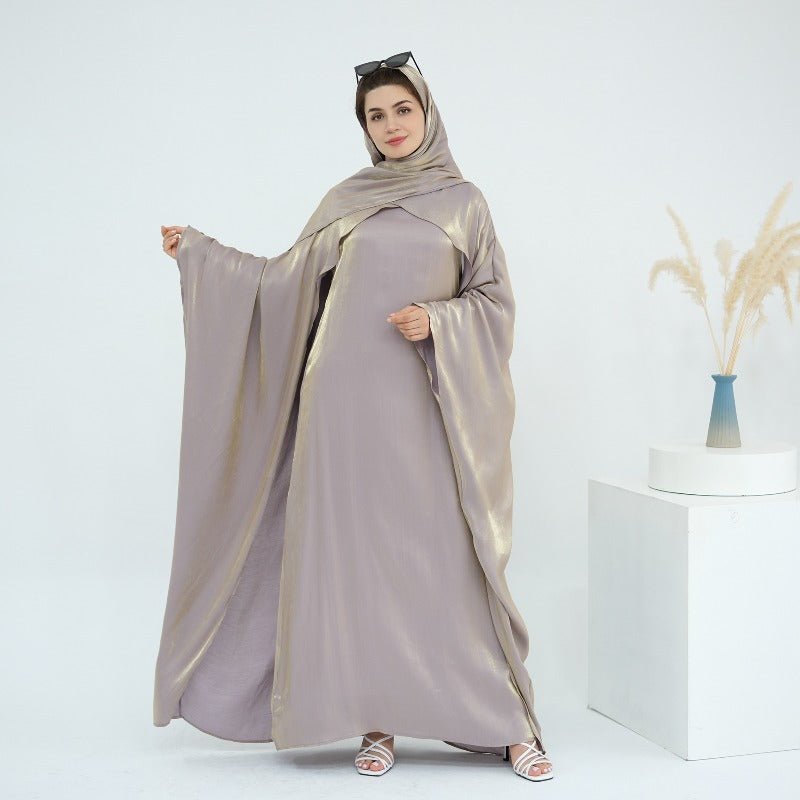 Elegant Shimmer Batwing Abaya Set with Hijab | Two-Piece Pullover Style Layered Look(MA315)