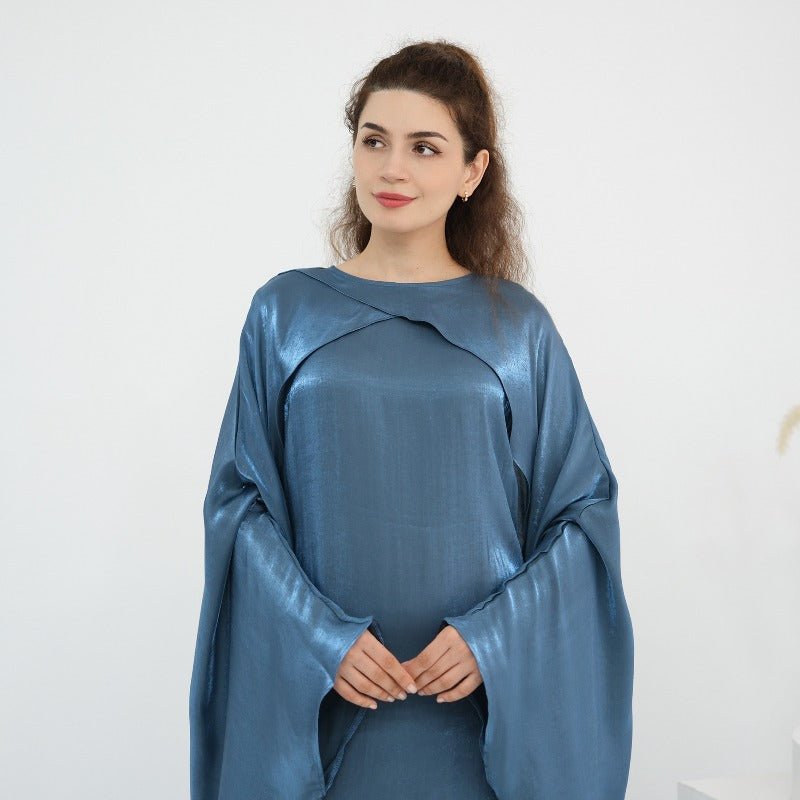 Elegant Shimmer Batwing Abaya Set with Hijab | Two-Piece Pullover Style Layered Look(MA315)