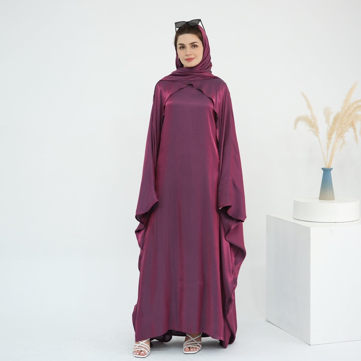 Elegant Shimmer Batwing Abaya Set with Hijab | Two-Piece Pullover Style Layered Look(MA315)