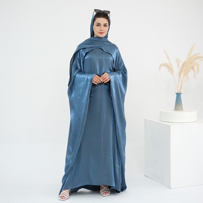 Elegant Shimmer Batwing Abaya Set with Hijab | Two-Piece Pullover Style Layered Look(MA315)