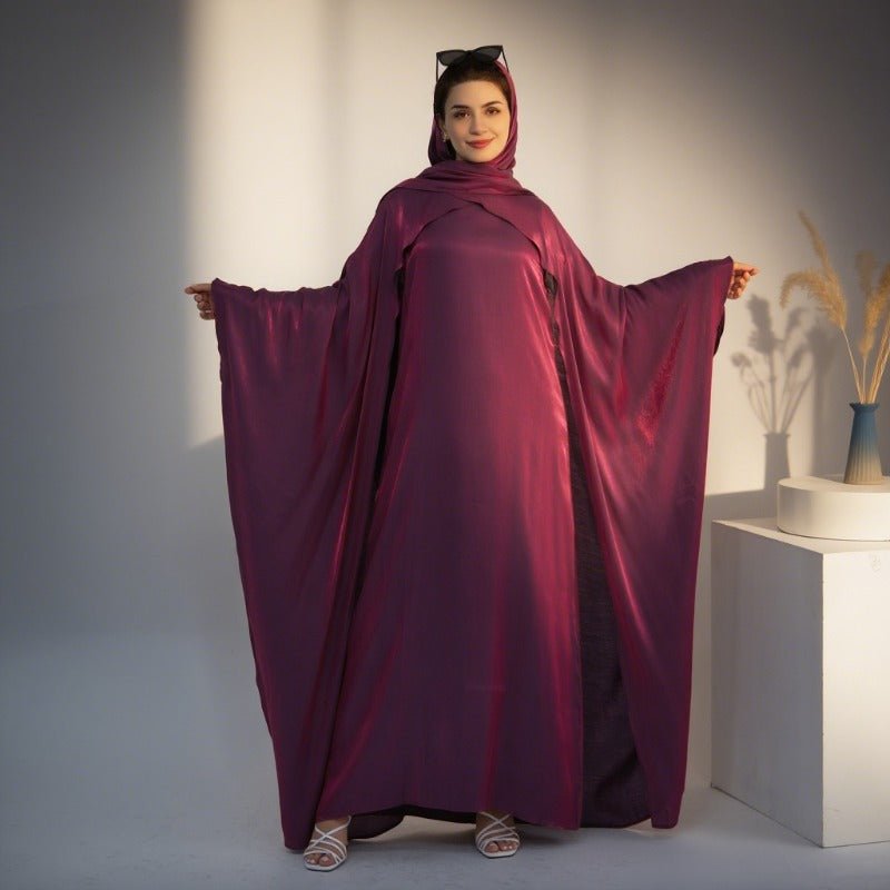 Elegant Shimmer Batwing Abaya Set with Hijab | Two-Piece Pullover Style Layered Look(MA315)
