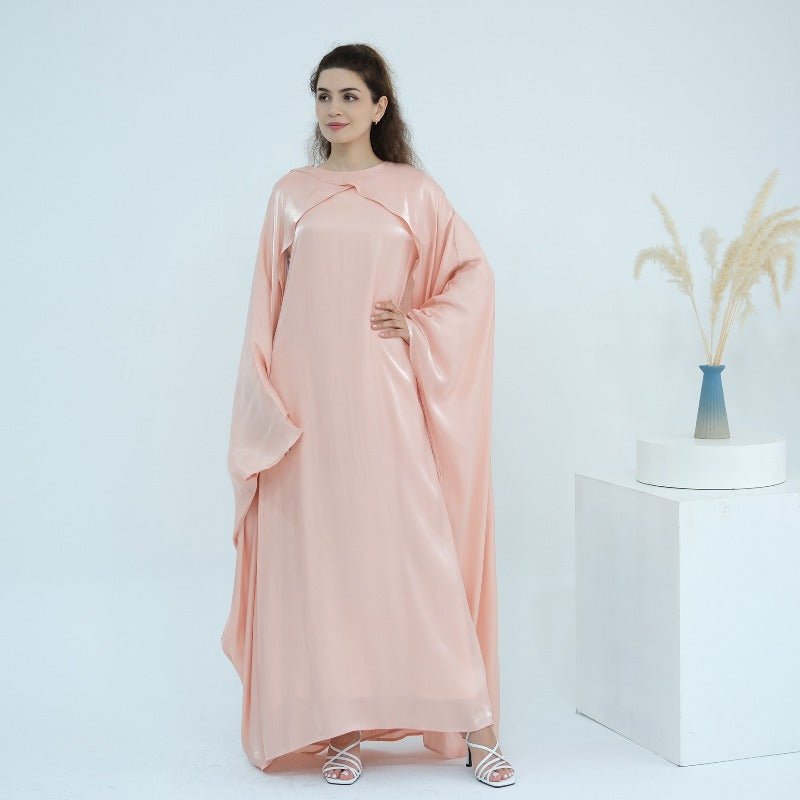 Elegant Shimmer Batwing Abaya Set with Hijab | Two-Piece Pullover Style Layered Look(MA315)