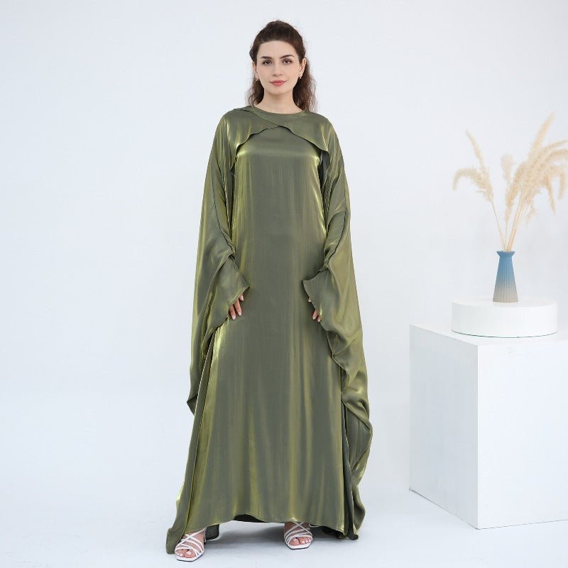 Elegant Shimmer Batwing Abaya Set with Hijab | Two-Piece Pullover Style Layered Look(MA315)