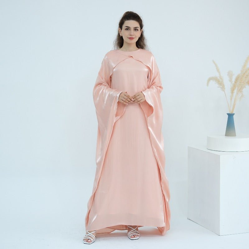 Elegant Shimmer Batwing Abaya Set with Hijab | Two-Piece Pullover Style Layered Look(MA315)