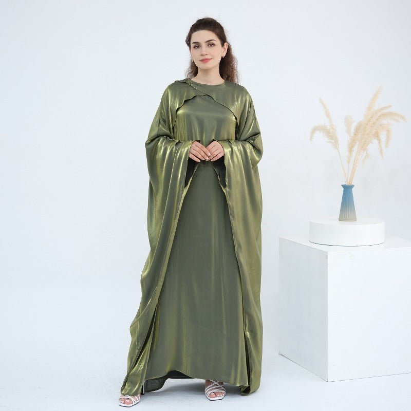 Elegant Shimmer Batwing Abaya Set with Hijab | Two-Piece Pullover Style Layered Look(MA315)