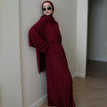 Elegant Solid Color Two-Piece Set | Side Slit Long Sleeve Top &  Pleated Skirt(MS135)