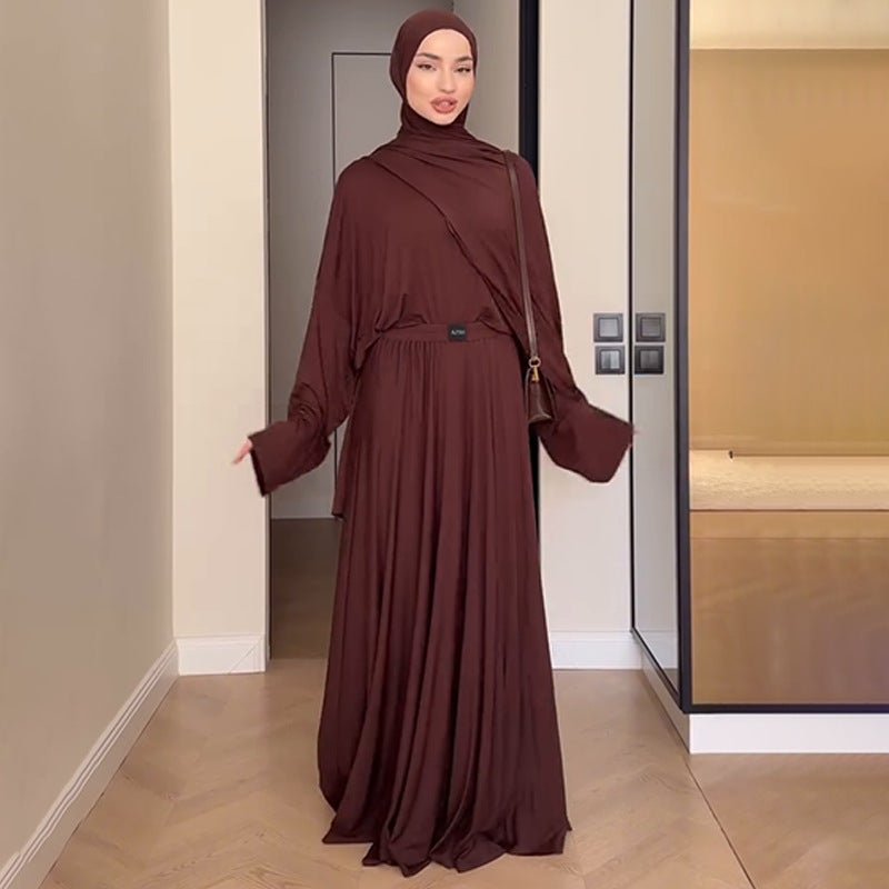 Elegant Solid Color Two-Piece Set | Side Slit Long Sleeve Top &  Pleated Skirt(MS135)