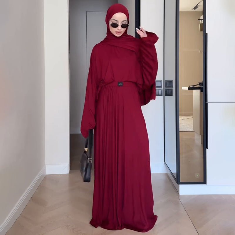 Elegant Solid Color Two-Piece Set | Side Slit Long Sleeve Top &  Pleated Skirt(MS135)