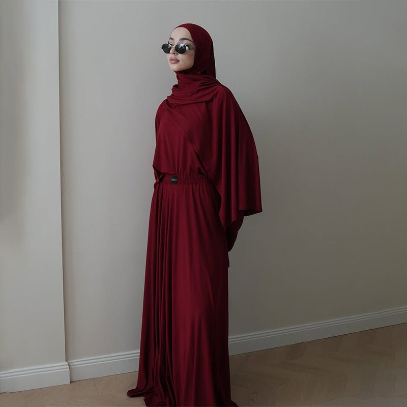 Elegant Solid Color Two-Piece Set | Side Slit Long Sleeve Top &  Pleated Skirt(MS135)