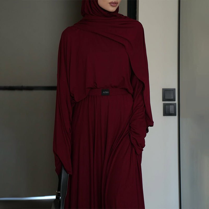 Elegant Solid Color Two-Piece Set | Side Slit Long Sleeve Top &  Pleated Skirt(MS135)